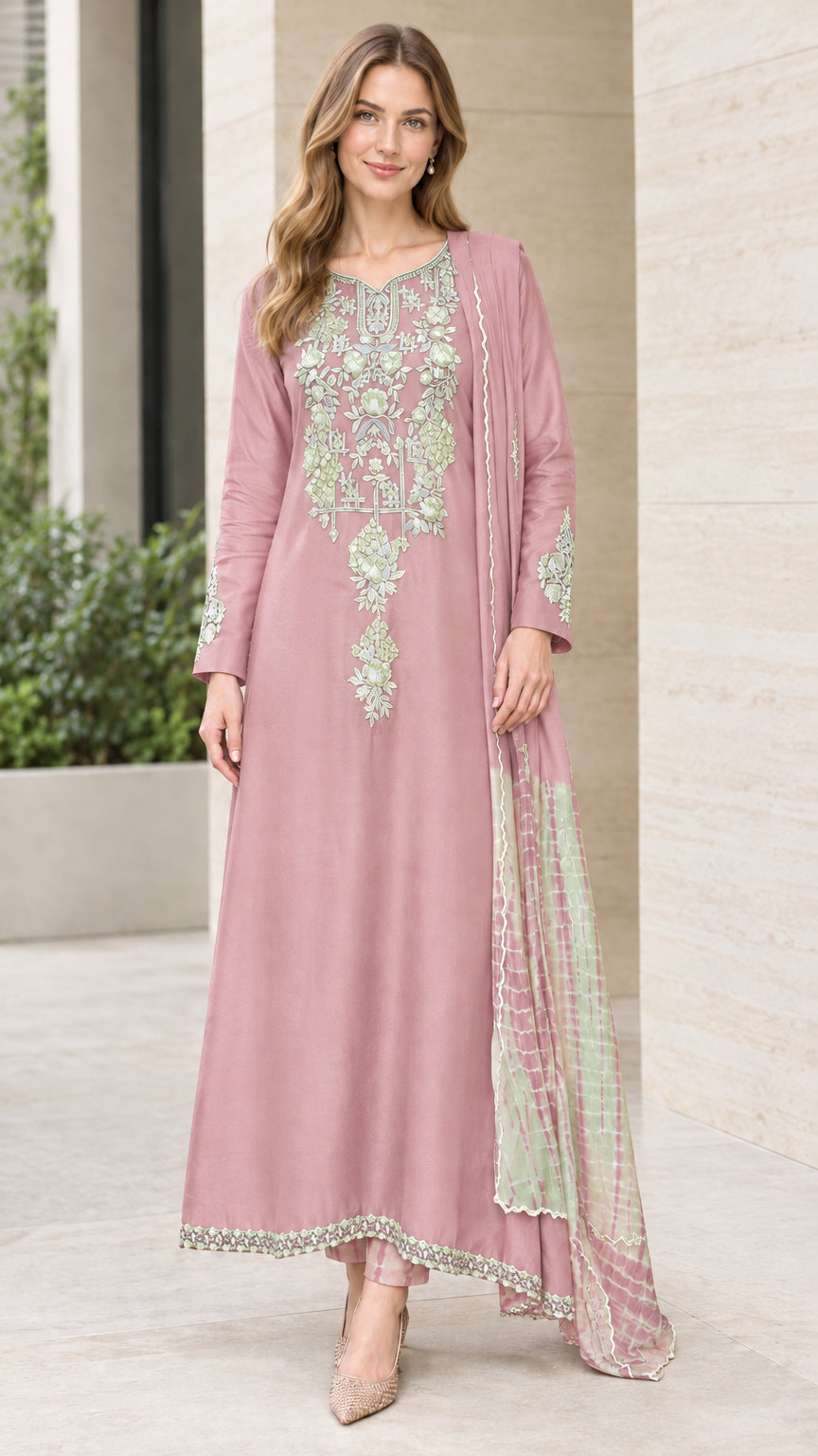 Front view of woman wearing Dusty Pink embroidered long kurta set with matching scarf