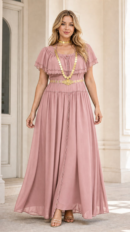 Model wearing dusty pink ruffle flutter sleeve maxi dress