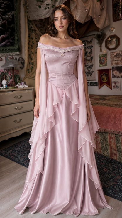 Front view of pink Renaissance off-shoulder maxi dress
