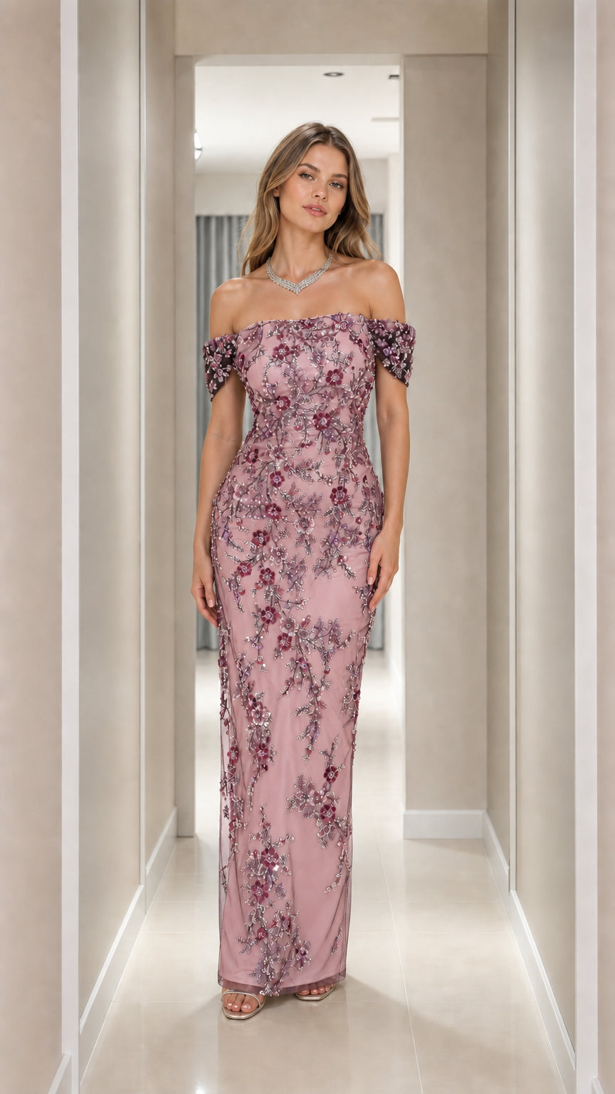 Dusty pink off-the-shoulder floral embroidered beaded evening gown