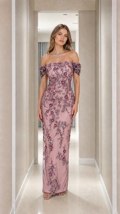 Dusty pink off-the-shoulder floral embroidered beaded evening gown