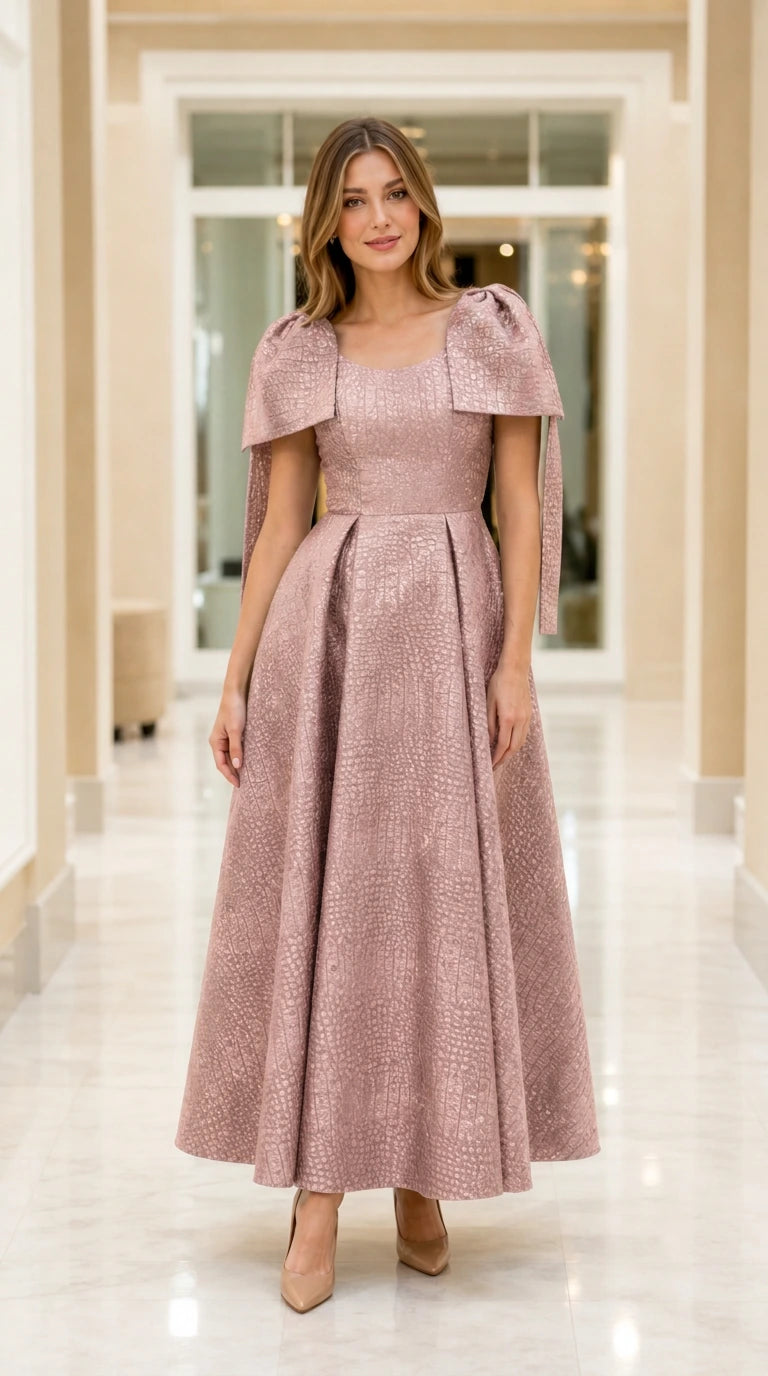 Full-length view of model wearing Dusty Rose capelet jacquard maxi evening dress