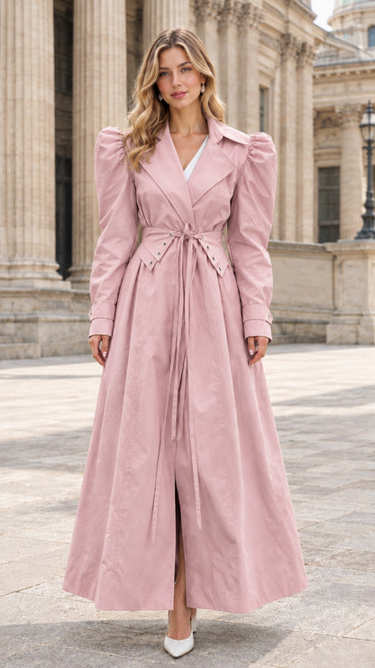 Front full view of dusty pink puff sleeve maxi trench coat