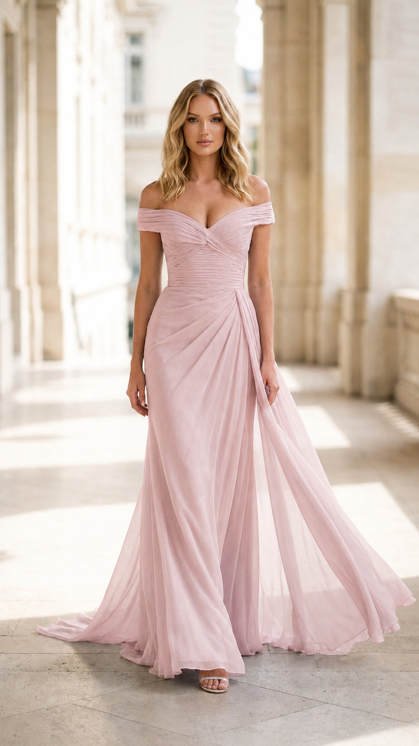 Front view of blush pink off-the-shoulder evening gown