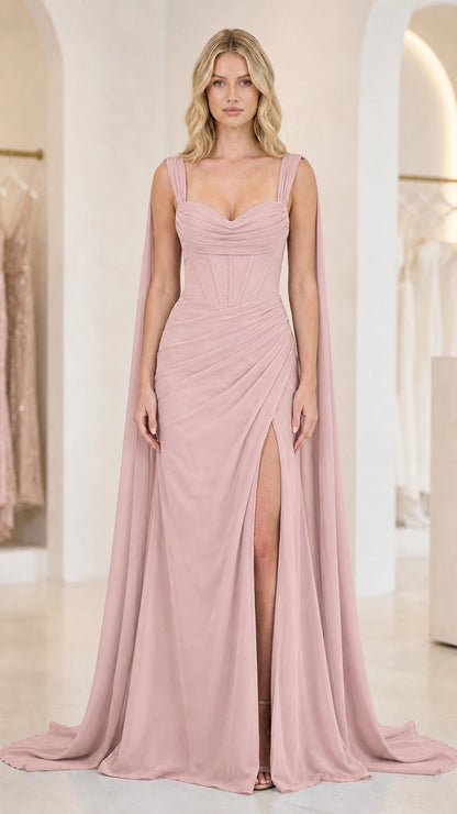 Front view of dusty rose evening gown with cape