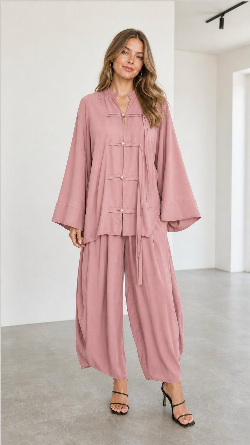 Women's dusty pink two-piece relaxed tunic top and wide lantern pants set