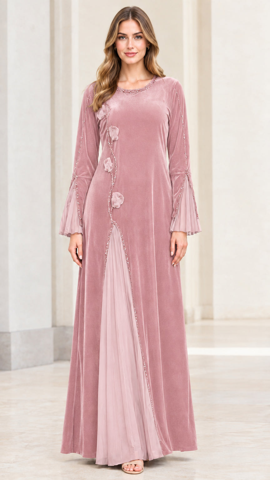 Dusty pink velvet maxi evening dress with floral applique front view