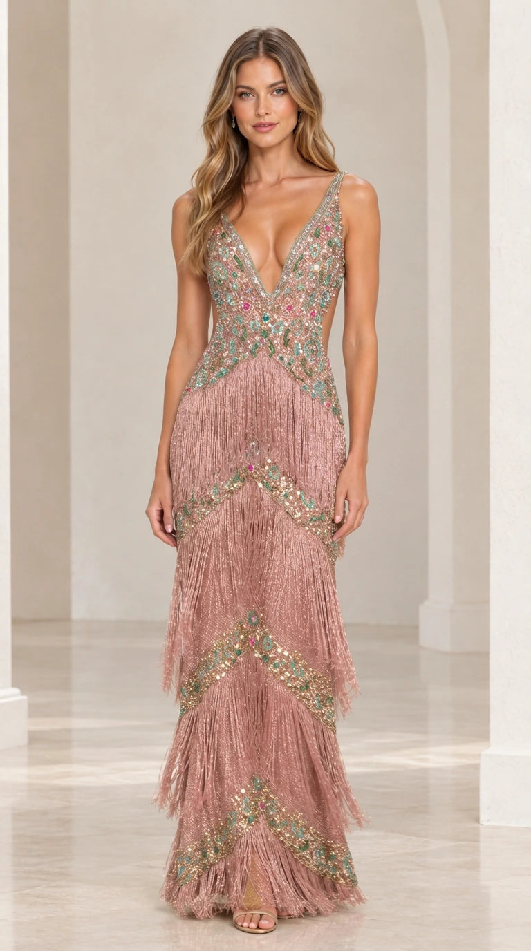 Model wearing mauve pink beaded tiered fringe formal maxi gown