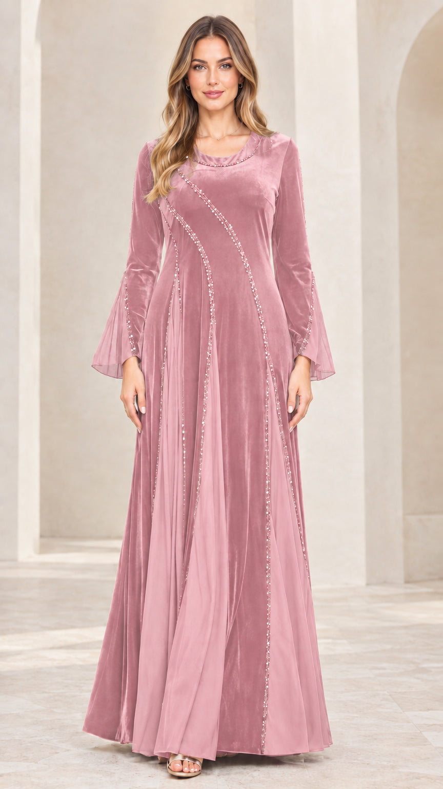 Dusty rose pink velvet embellished bell sleeve maxi dress
