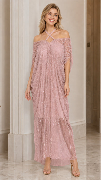 Dusty pink embellished cold-shoulder capelet maxi dress