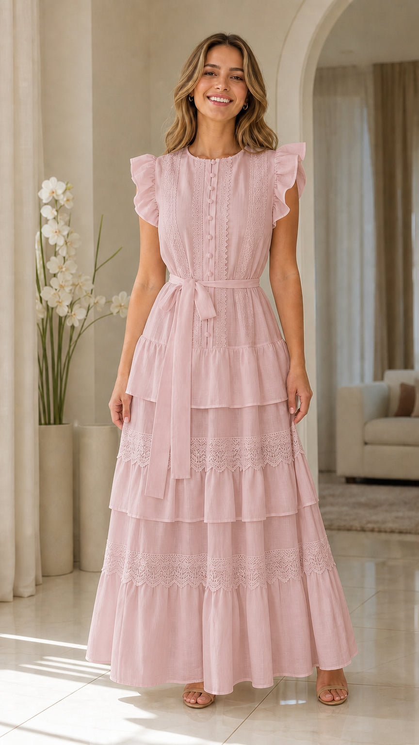 Woman wearing pink ruffle sleeve tiered maxi dress