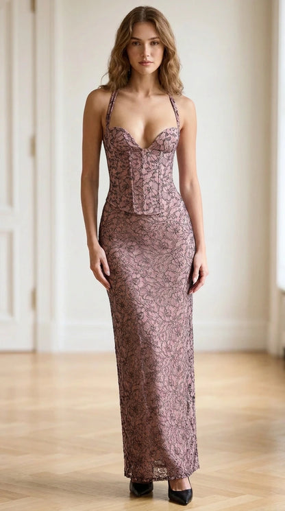 Front full view of woman wearing Dusty Rose lace corset maxi dress