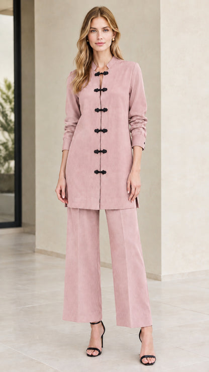 Front full-length view of woman wearing Dusty Pink mandarin collar tunic top and matching trousers