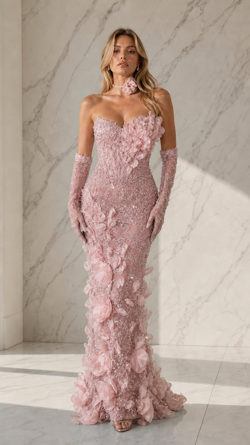Soft pink evening gown with matching floral appliqués