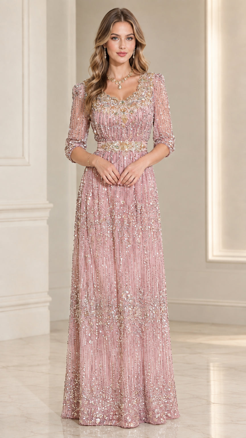 Front view of dusty pink embellished 3/4 sleeve formal maxi dress