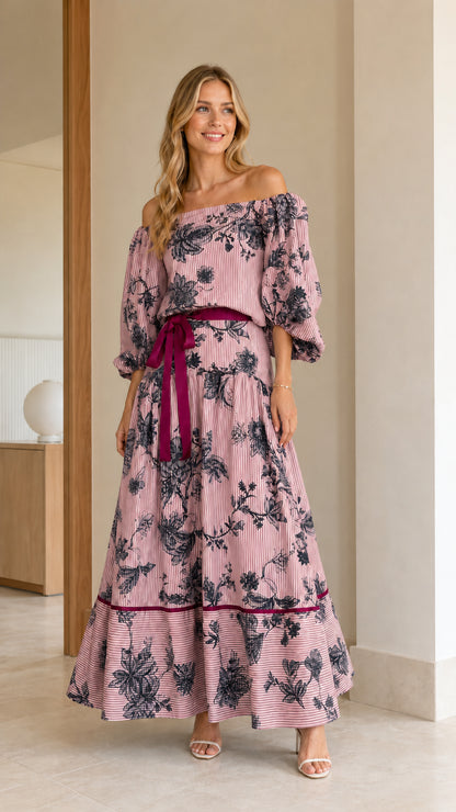 Model wearing Dusty Pink floral stripe off-the-shoulder tiered maxi dress