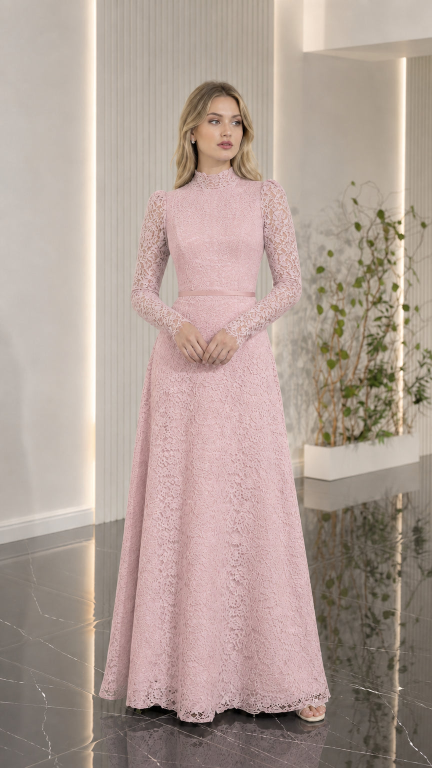 Full-length view of dusty pink floral lace maxi gown