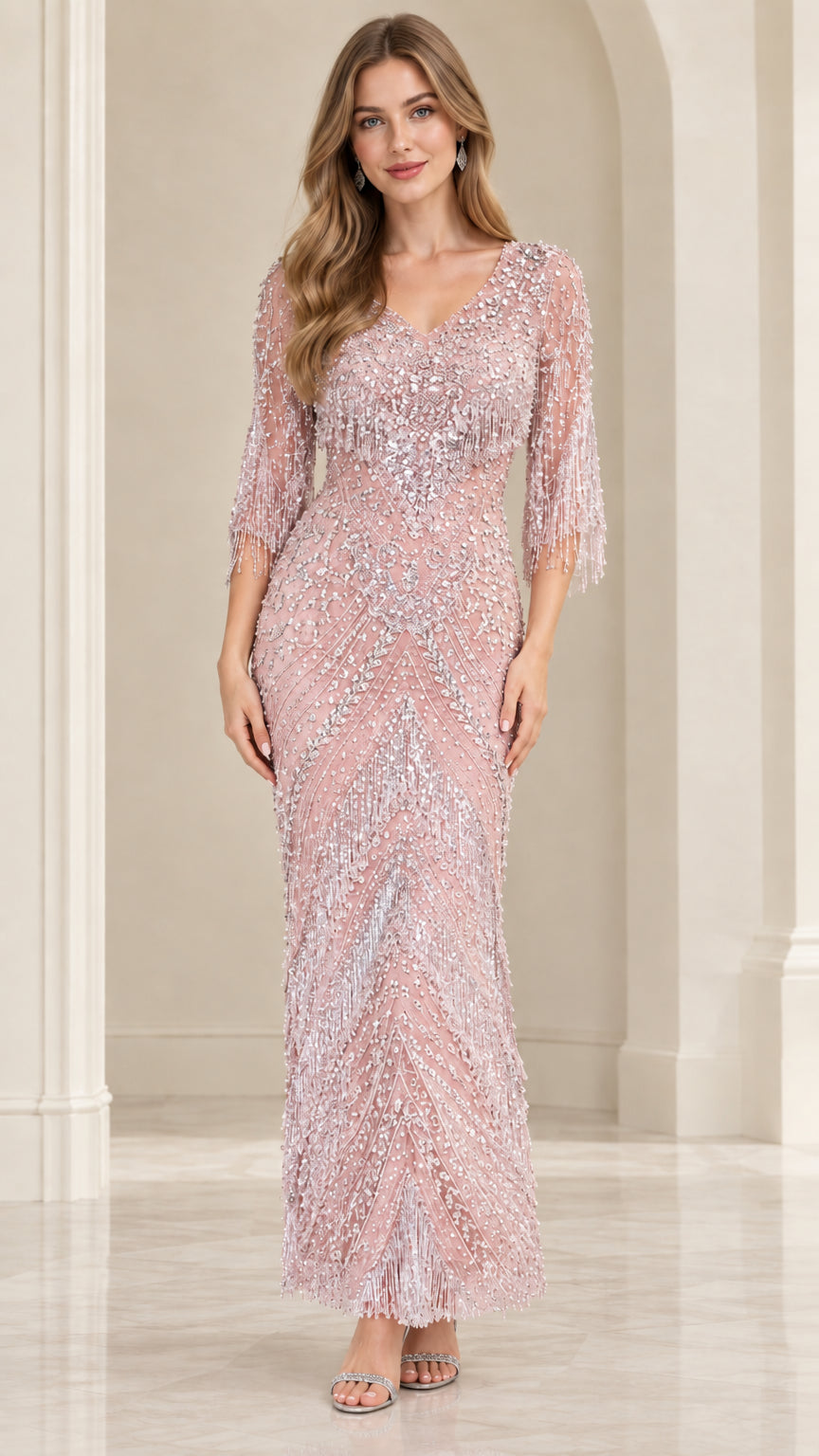 Front view of Dusty Pink beaded formal evening maxi dress