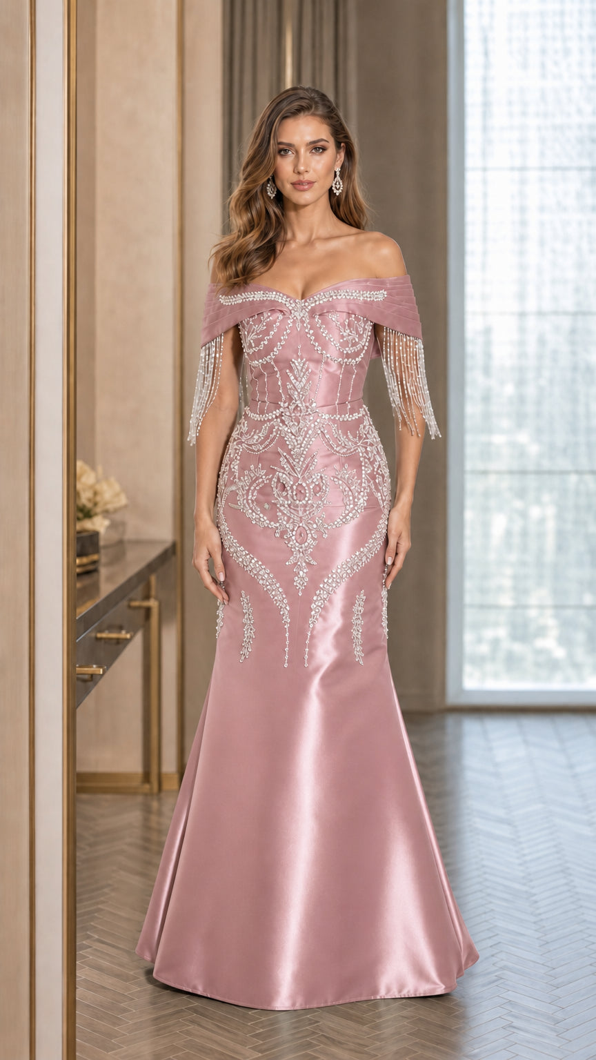 Dusty rose pink rhinestone off-shoulder satin gown