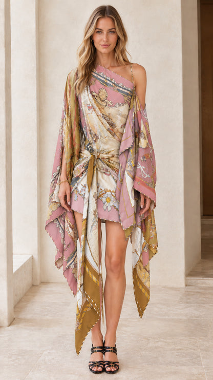 Front view of model wearing Pink Multi vintage scarf print cape mini dress