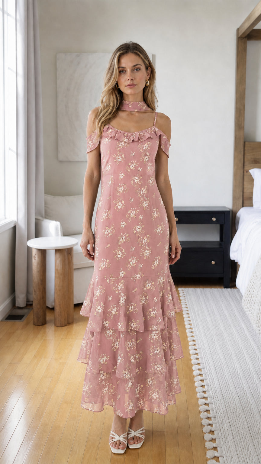 Model wearing pink floral print choker neck tiered ruffle midi dress