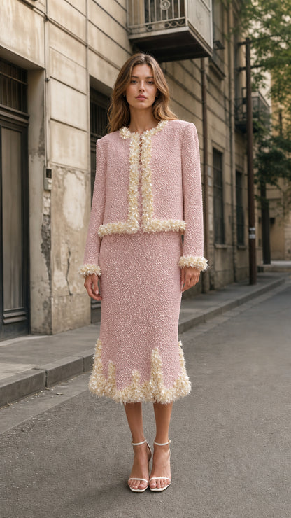 Front view of pink tweed crop jacket and midi skirt set