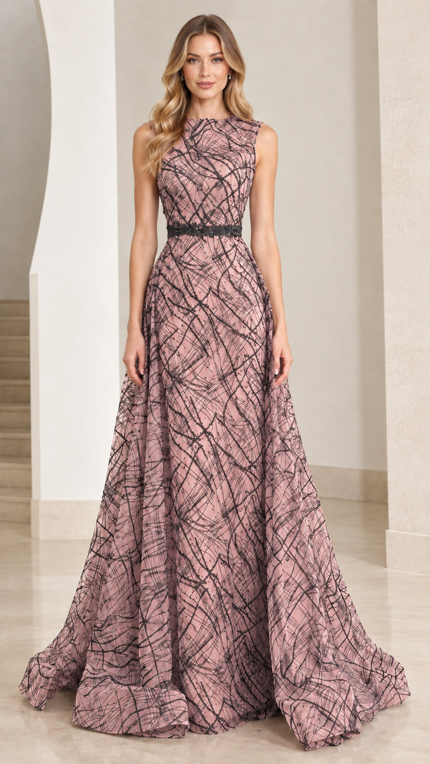 Front view of dusty rose mauve abstract pattern sleeveless evening gown