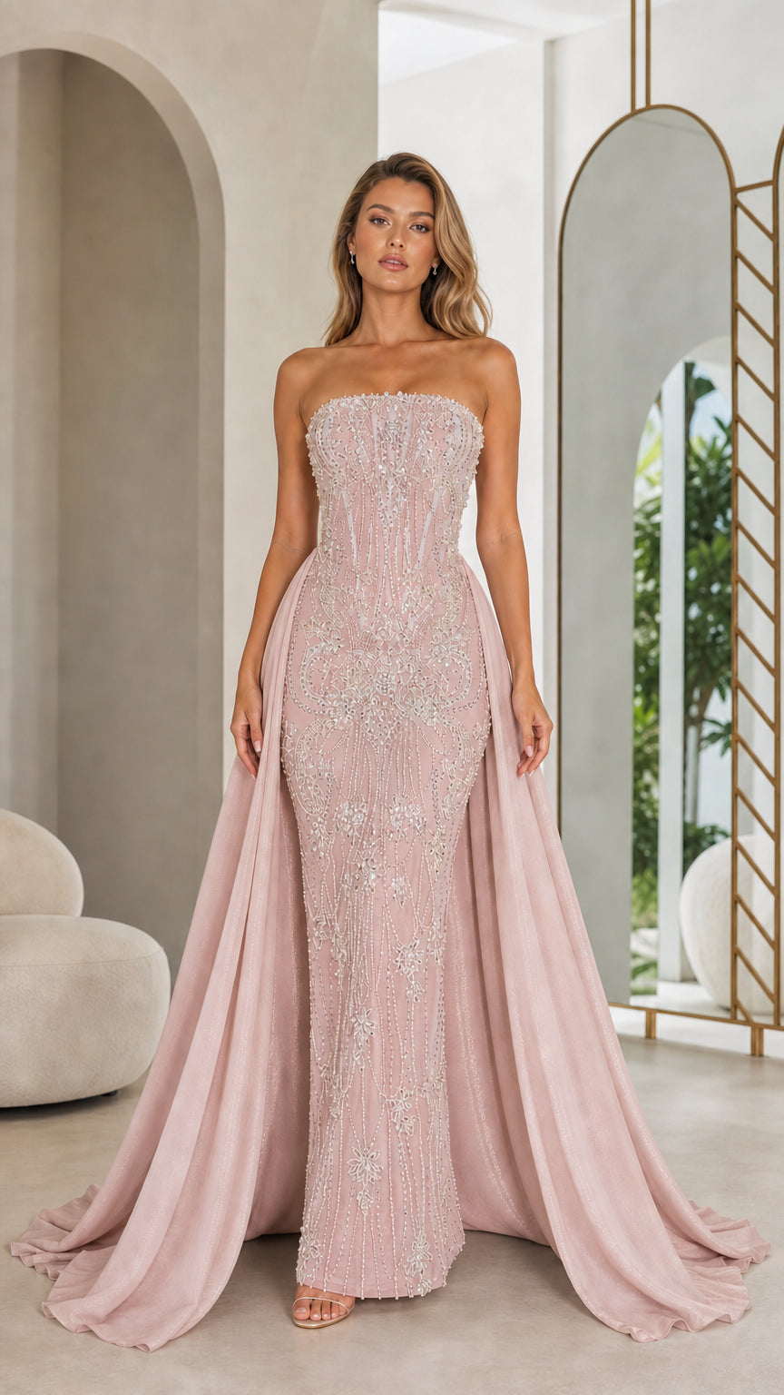 Blush pink variant of strapless beaded mermaid evening gown with overskirt