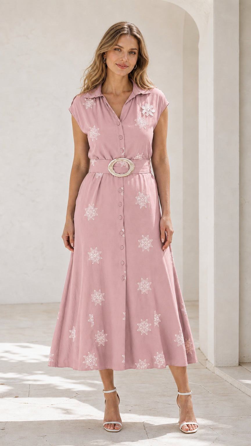Front view of pink embroidered belted midi shirt dress