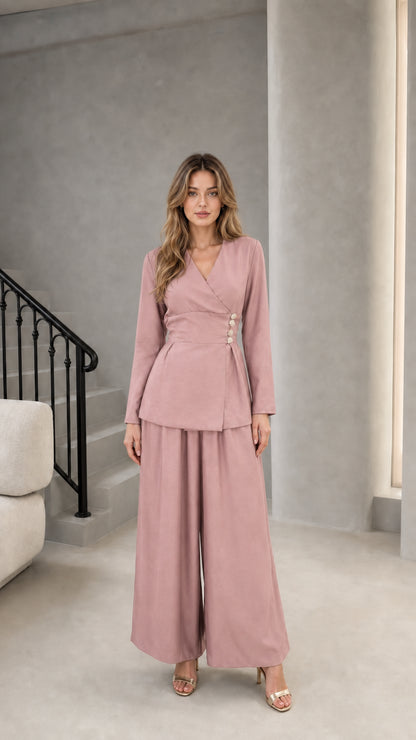 Model wearing dusty pink wrap tunic top and wide leg pants set