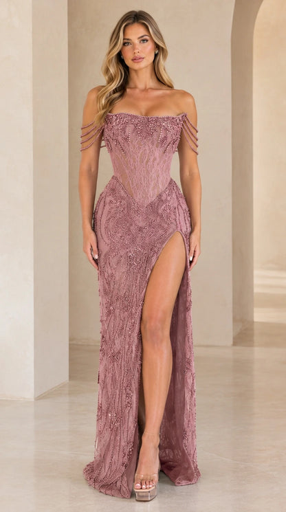 Dusty rose off-the-shoulder beaded corset evening gown with high slit