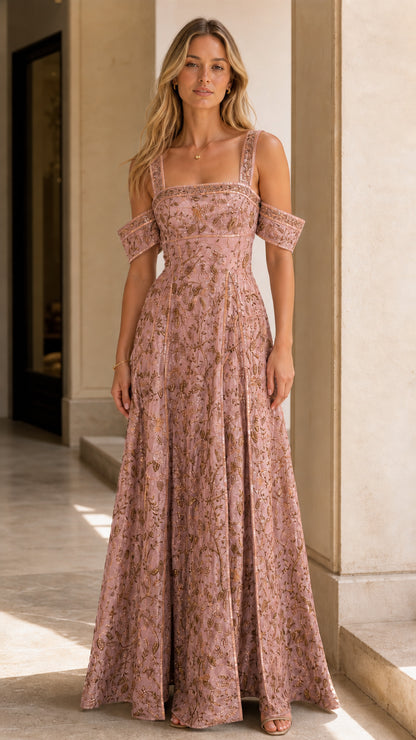 Model wearing dusty rose pink embroidered cold-shoulder evening dress