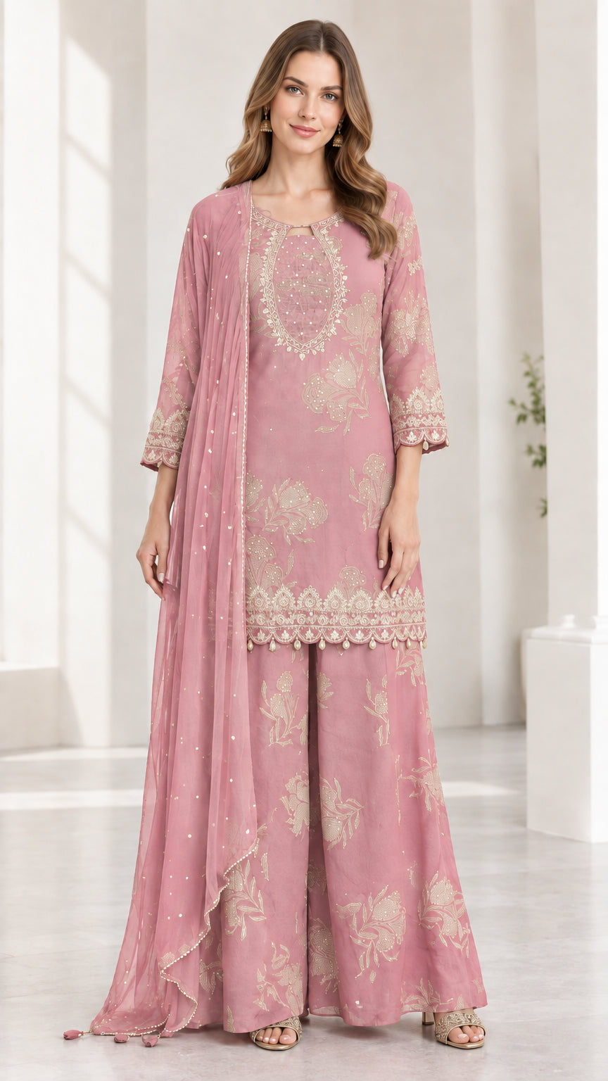 Woman wearing dusty pink embroidered 3-piece kurta sharara suit set
