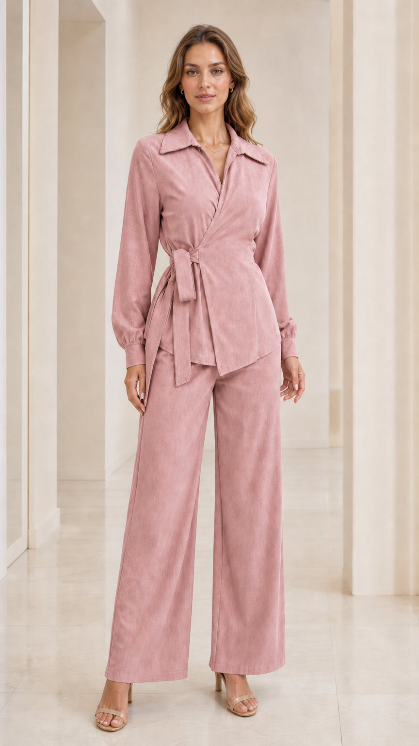 Front view of woman wearing pink wrap blouse and wide-leg trousers