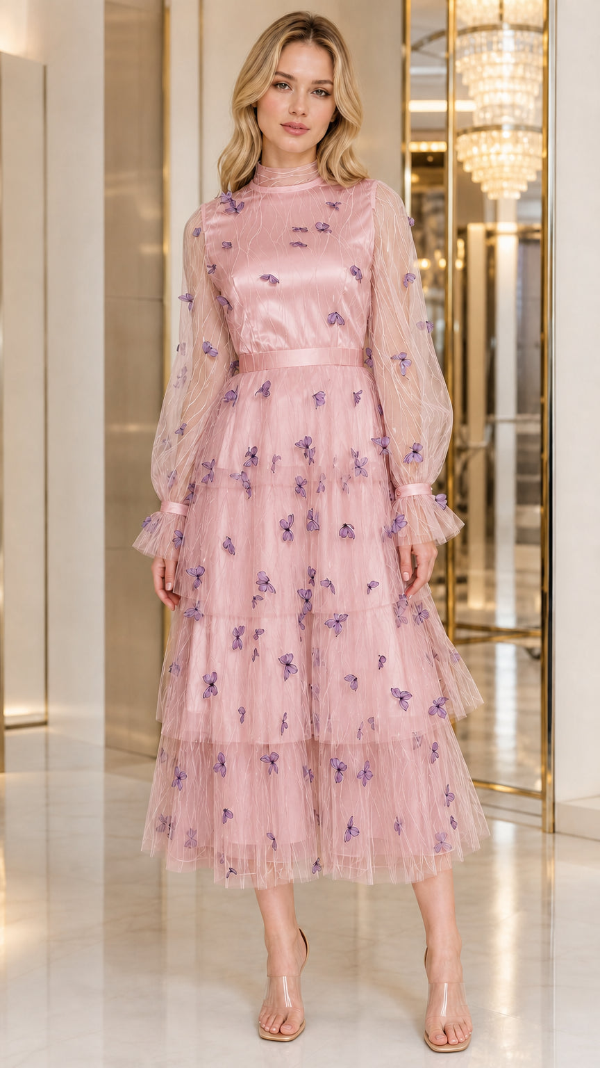 Blush pink tiered tulle evening midi dress with 3D butterfly appliqués