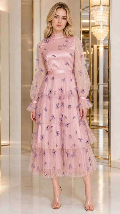 Blush pink tiered tulle evening midi dress with 3D butterfly appliqués
