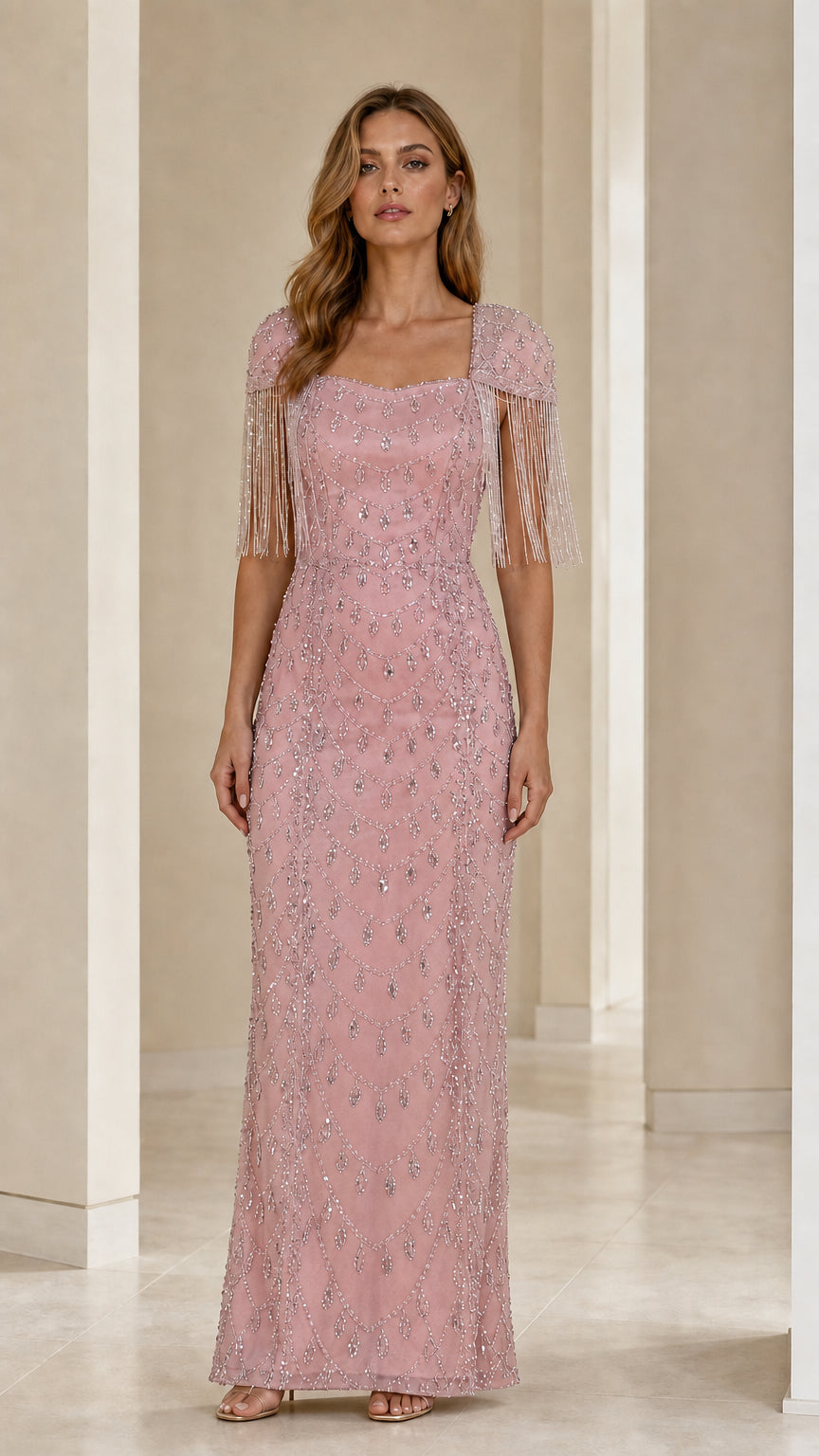 Dusty rose pink embellished evening gown with beaded tassel cap sleeves