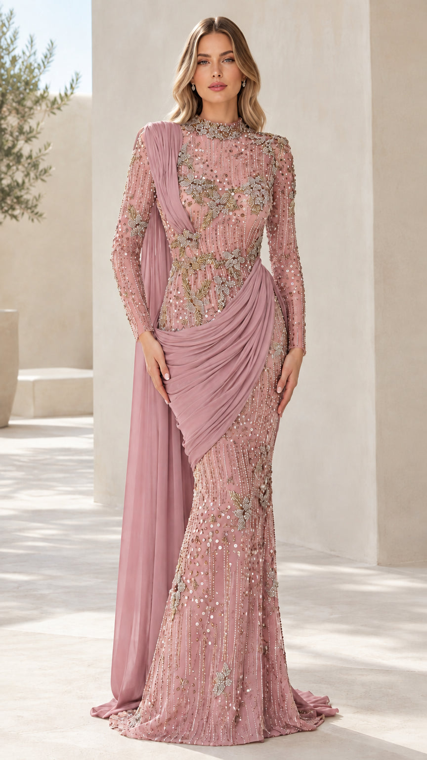 Full front view of dusty pink beaded floor-length gown with shoulder sash