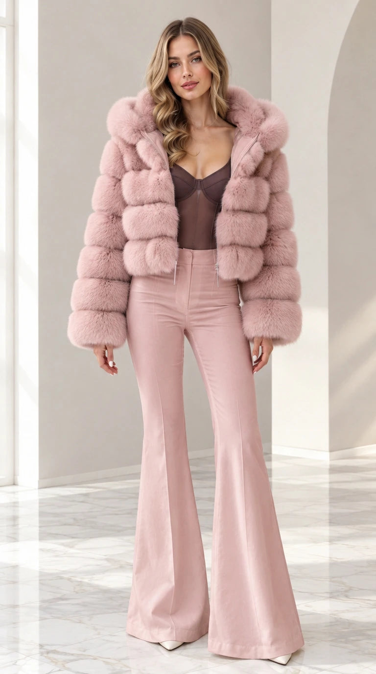 Model wearing dusty blush pink cropped hooded faux fur jacket with pink flare pants