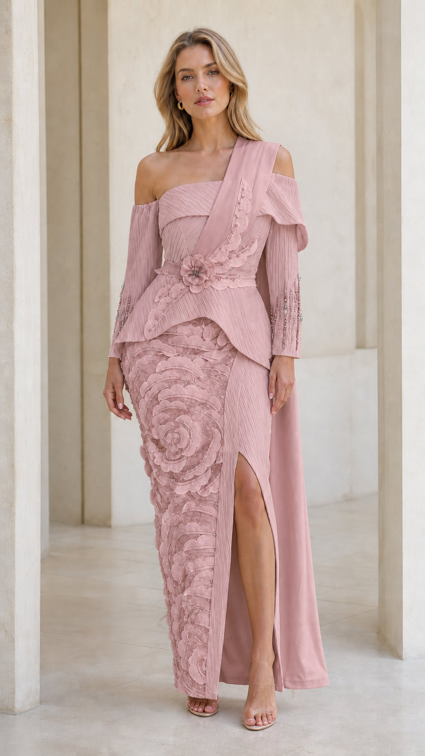 Front full view of dusty pink evening gown with floral waist detail