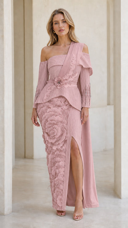 Front full view of dusty pink evening gown with floral waist detail