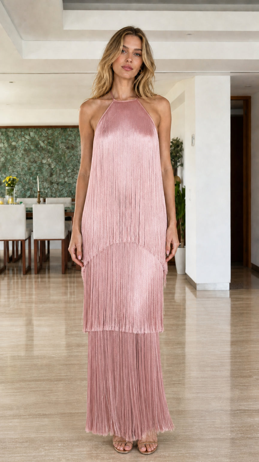 Model wearing Pink Tiered Fringe Halter Maxi Dress