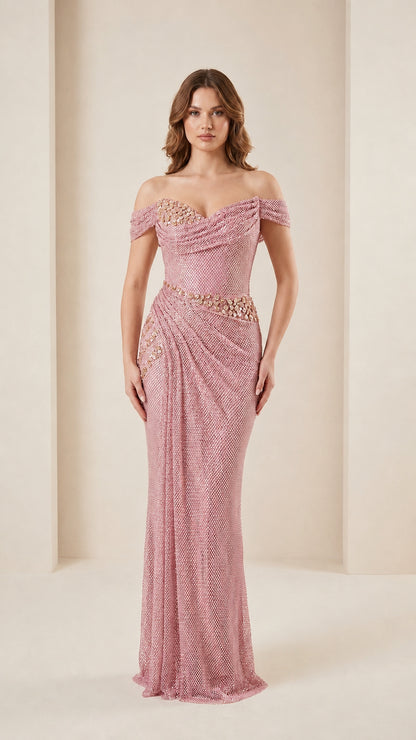 Front view of pink color variant of the evening gown