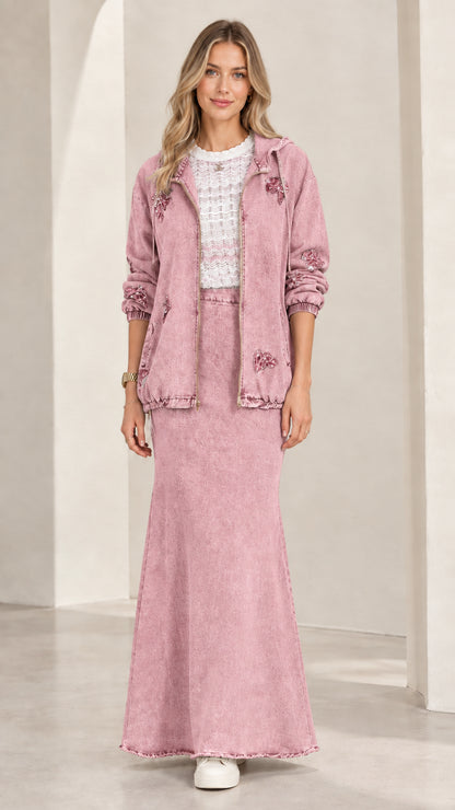 Front view of model wearing Dusty Pink hooded denim jacket and maxi skirt set