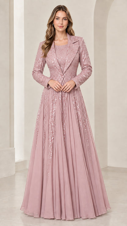 Dusty rose sequin mother of the bride evening gown set with long sleeve jacket