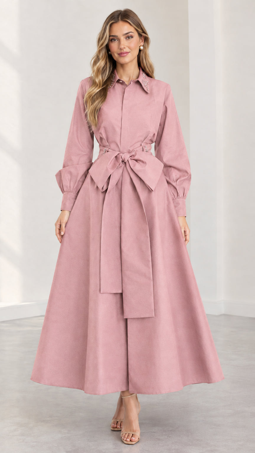 Model wearing dusty pink embellished collar maxi shirt dress