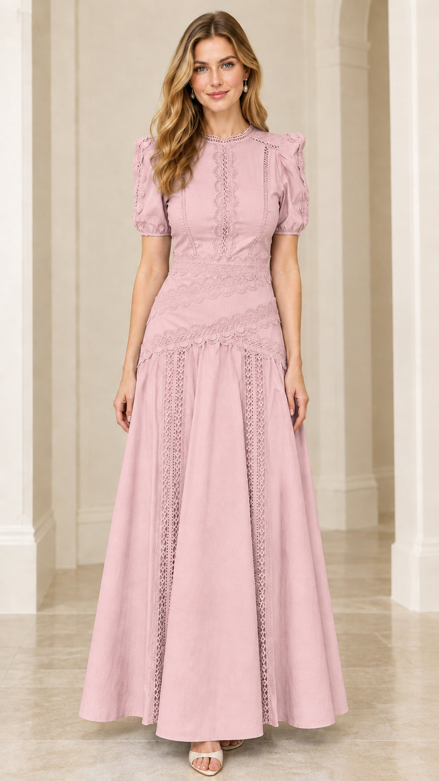 Model wearing Pink puff sleeve lace-detail A-line maxi dress