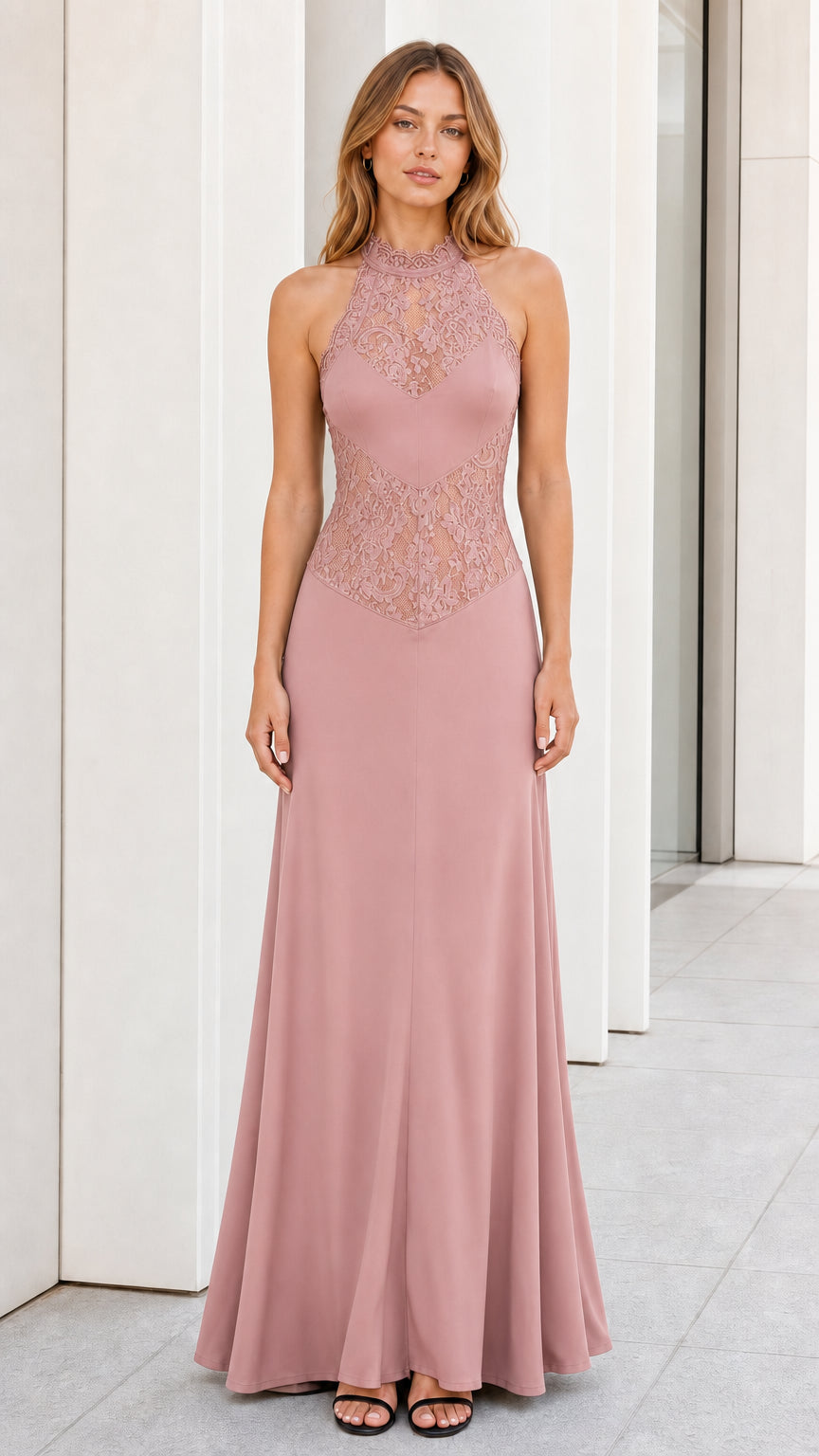 Dusty pink color variant of the halter lace maxi dress