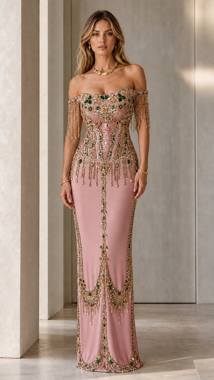 Model wearing Dusty Pink off-the-shoulder embellished gala dress