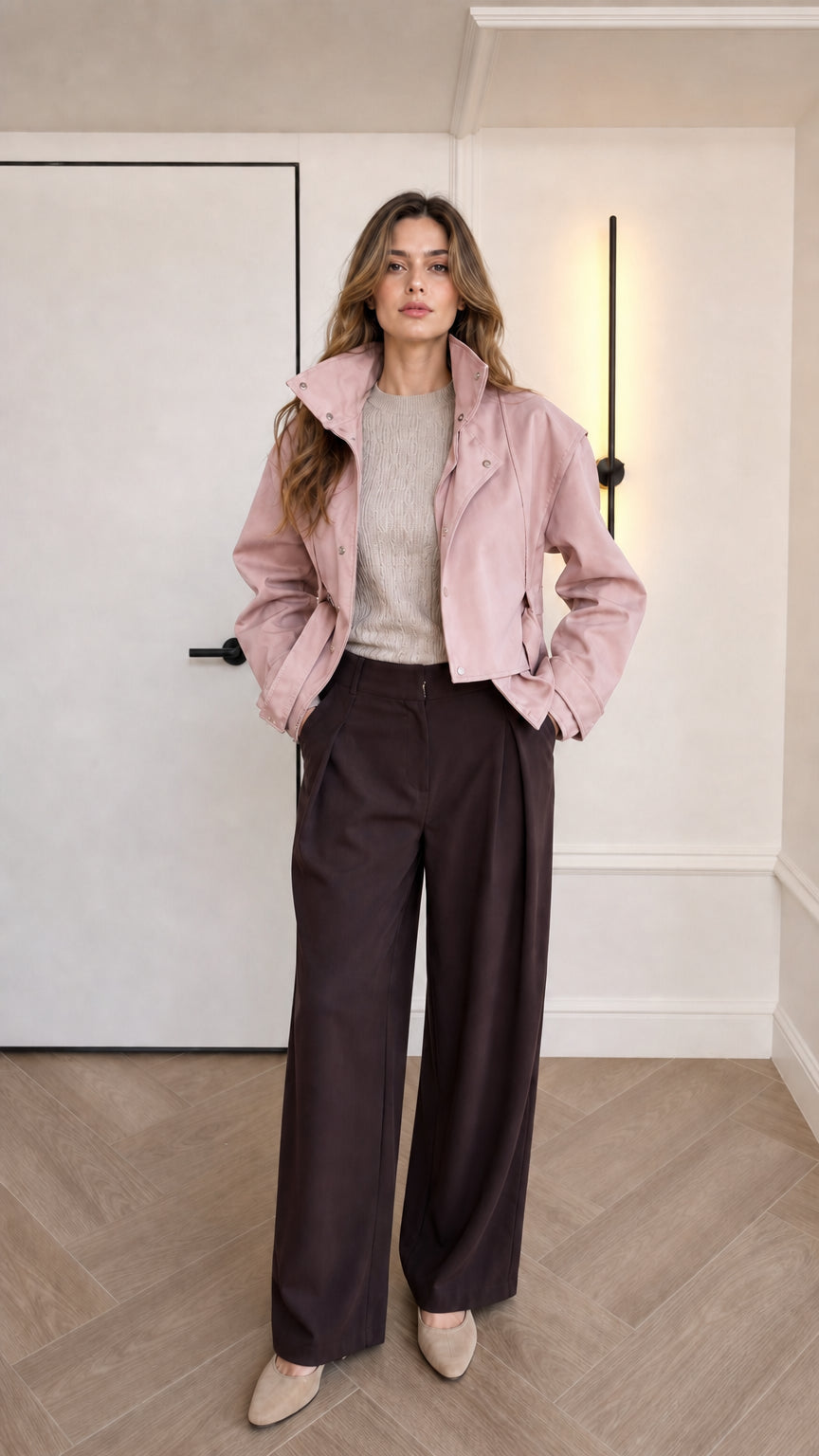 Model wearing blush pink cropped faux leather jacket